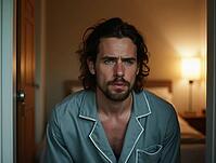 Tired man with messy hair leaving his bedroom in pajamas after waking up in the morning, AI generated [IBR125502127]