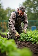 Mature farmer working in his vegetable garden, tending to young plants, AI generated [IBR125502128]
