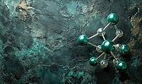 Abstract green hydrogen molecule, vivid teal and silver, floating on a textured dark surface, AI generated [IBR125502133]