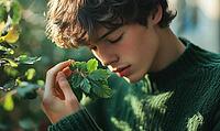 Closeup portrait of a man with warm brown hair, holding a bunch of soft green leaves, AI generated [IBR125502135]
