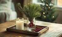 Simple dining table with a small glass vase filled with pine branches and red berries, AI generated [IBR125502136]