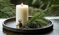 Single white candle with a small brass bell and fir, AI generated [IBR125502139]
