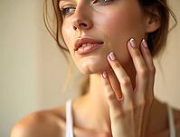 Beautiful woman touching face with french manicure enjoying natural light, AI generated [IBR125502146]