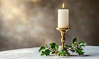 Small brass candlestick with a white candle and a sprig of green holly, set on a white table under diffused natural light, AI generated [IBR125502155]