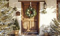 Festive front door wreath with simple white and beige decorations, hanging against a rustic wooden door, AI generated [IBR125502163]