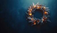 Elegant round holiday wreath with white and gold decorations against a matte dark blue wall, tiny warm lights on the wreath adding a cozy glow, AI generated [IBR125502164]