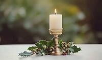 Small brass candlestick with a white candle and a sprig of green holly, set on a white table under diffused natural light, AI generated [IBR125502165]