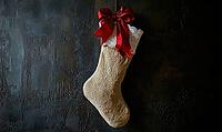 Simple beige stocking with a single red bow and white trim, hanging against a dark gray wall, AI generated [IBR125502166]