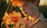 Closeup portrait of a man with soft orange hair, holding orange lilies, AI generated [IBR125502167]
