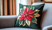 Dark green pillow with vibrant red poinsettia print and delicate gold accents, AI generated [IBR125502168]
