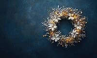 Elegant round holiday wreath with white and gold decorations against a matte dark blue wall, tiny warm lights on the wreath adding a cozy glow, AI generated [IBR125502169]