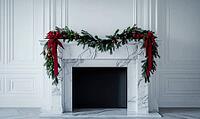 White mantle decorated with a simple pine garland and a few red baubles, AI generated [IBR125502171]