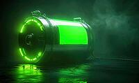 Energy cell representing green hydrogen, silver and neon green reflections, AI generated [IBR125502174]