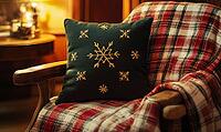 Small dark green pillow with golden snowflake embroidery on a wooden armchair, AI generated [IBR125502175]