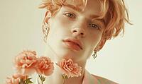 Closeup portrait of a man with peach-colored hair, silver earrings, holding peach carnations, AI generated [IBR125502176]