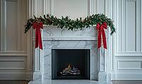 White mantle decorated with a simple pine garland and a few red baubles, AI generated [IBR125502177]