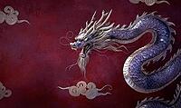Purple and gold Chinese dragon on a black background with cloud patterns in silver, AI generated [IBR125502179]