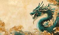 Vibrant turquoise Chinese dragon on a sandy beige background with golden clouds, AI generated [IBR125502182]