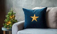 Dark blue velvet pillow with a single golden star embroidery, placed on a light gray couch, AI generated [IBR125502183]