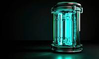 Conceptual hydrogen fuel cell, illuminated in blue-green, standing out against a black background, AI generated [IBR125502184]