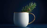 White mug with a golden handle and a sprig of fir on top, set against a deep blue background with soft natural light, AI generated [IBR125502187]