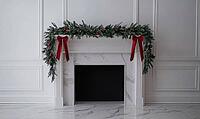 White mantle decorated with a simple pine garland and a few red baubles, AI generated [IBR125502189]