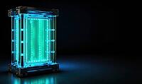 Conceptual hydrogen fuel cell, illuminated in blue-green, standing out against a black background, AI generated [IBR125502191]