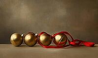 Simple arrangement of four golden Christmas bells tied together with a thin red ribbon, placed on a neutral background under soft lighting, AI generated [IBR125502192]