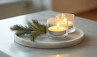 Two small candles in glass holders on a white marble tray, with a sprig of fir beside them, AI generated [IBR125502193]