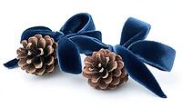 Two small pinecones tied with a dark blue velvet ribbon, set on a white background, AI generated [IBR125502195]
