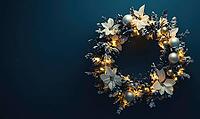 Elegant round holiday wreath with white and gold decorations against a matte dark blue wall, tiny warm lights on the wreath adding a cozy glow, AI generated [IBR125502197]