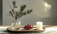 Simple dining table with a small glass vase filled with pine branches and red berries, AI generated [IBR125502200]