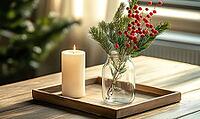Simple dining table with a small glass vase filled with pine branches and red berries, AI generated [IBR125502201]