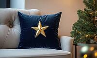Dark blue velvet pillow with a single golden star embroidery, placed on a light gray couch, AI generated [IBR125502203]