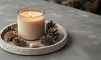 Small beige candle surrounded by small pinecones on a stone tray, AI generated [IBR125502206]