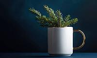 White mug with a golden handle and a sprig of fir on top, set against a deep blue background with soft natural light, AI generated [IBR125502207]