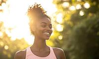 Woman in a pastel pink sports top, shown against a sunny park backdrop, AI generated [IBR125502212]
