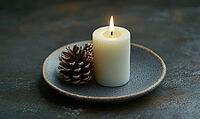 Single white candle on a small plate with tiny pinecones around its base, AI generated [IBR125502214]