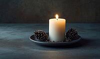 Single white candle on a small plate with tiny pinecones around its base, AI generated [IBR125502215]