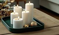 Elegant white candles on a dark green tray with a few small golden ornaments nearby, arranged on a light wood coffee table, AI generated [IBR125502217]