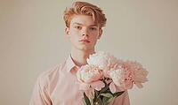 A young man in a pink shirt is holding a bouquet of pink flowers, AI generated [IBR125502219]