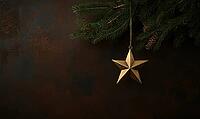 Single brass star ornament hanging on a green pine branch against a dark brown wall, warmly lit to create a festive atmosphere, AI generated [IBR125502220]