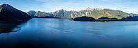 Panorama, mountain landscape and lake Lago Yelcho, Puerto Ramírez, Patagonia, Los Lagos, Chile [IBR125521152]