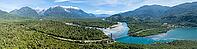 Aerial view, bridge, Rio Yelcho river at the end of Lago Yelcho, picturesque mountains with snow-capped peaks, Puerto Cardénas, Carretera Austral, Patagonia, Los Lagos, Chile [IBR125521168]