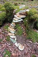 Land Art, nature art, forest floor, arrangement of natural stones, moss, nature conservation, in the forest, Upper Danube nature park Park, Sigmaringen district, Baden-Württemberg, Germany [IBR125521172]