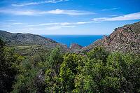 Serra de Tramuntana mountain landscape, Mallorca with sea in the background, wide angle shot, majorca [IBR125527048]