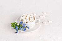 White cup of hot cocoa with marshmallows And forgotten-me-nots flowers on a white background, Good morning postcard, Copy space [IBR125527089]