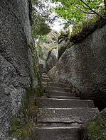 A stone staircase leads to the viewpoint on the Weissmainfelsen in the Fichtelgebirge, Germany [IBR125527100]