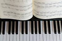 View of the keys of a piano with a partitur on it [IBR125536478]