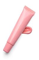 Pink lip tint texture, cosmetics beauty product texture, liquid blush, lipstick, lip gloss swatches, package tube on white [IBR125557561]